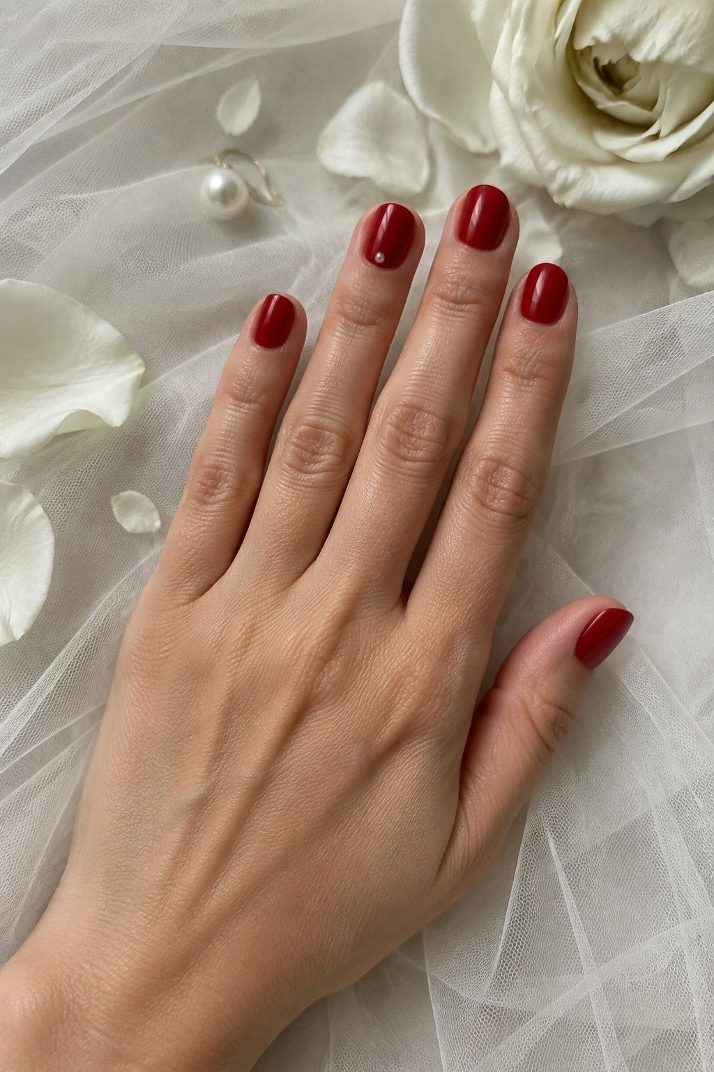 Glossy red bridal nails with one tiny pearl accent resting on ivory tulle.