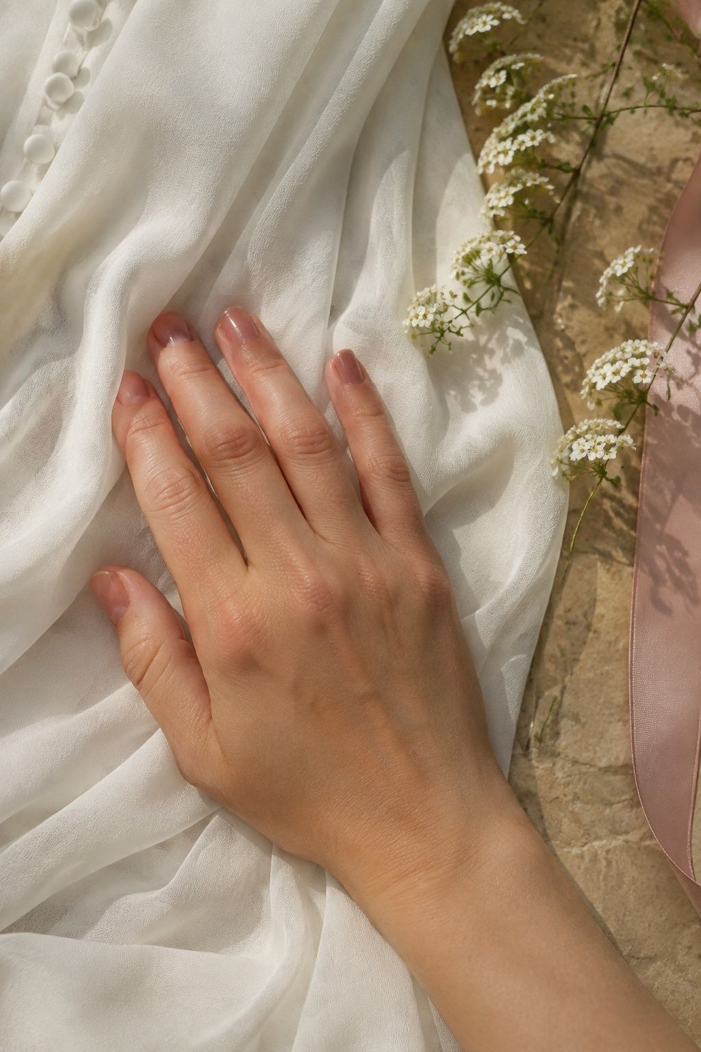 Short natural bridal nails with a soft sheer red tint on ivory fabric.
