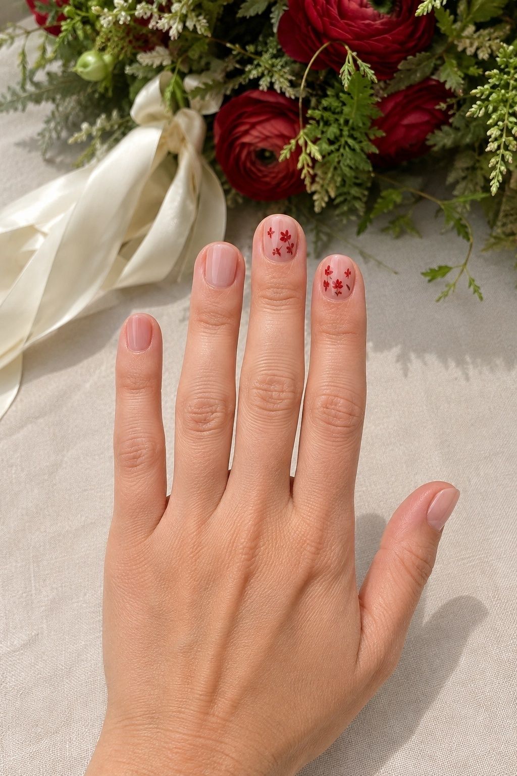 Nude bridal nails with tiny red floral accents beside a red ranunculus bouquet.