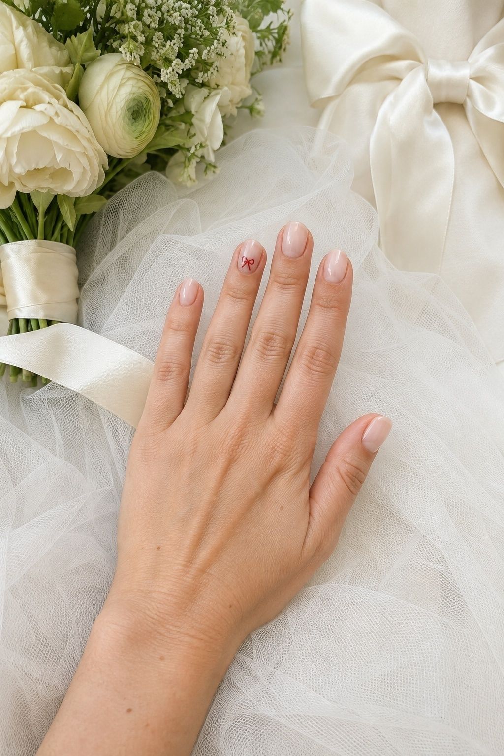 Milky bridal nails with one tiny red bow accent beside a ribbon-tied cream bouquet.