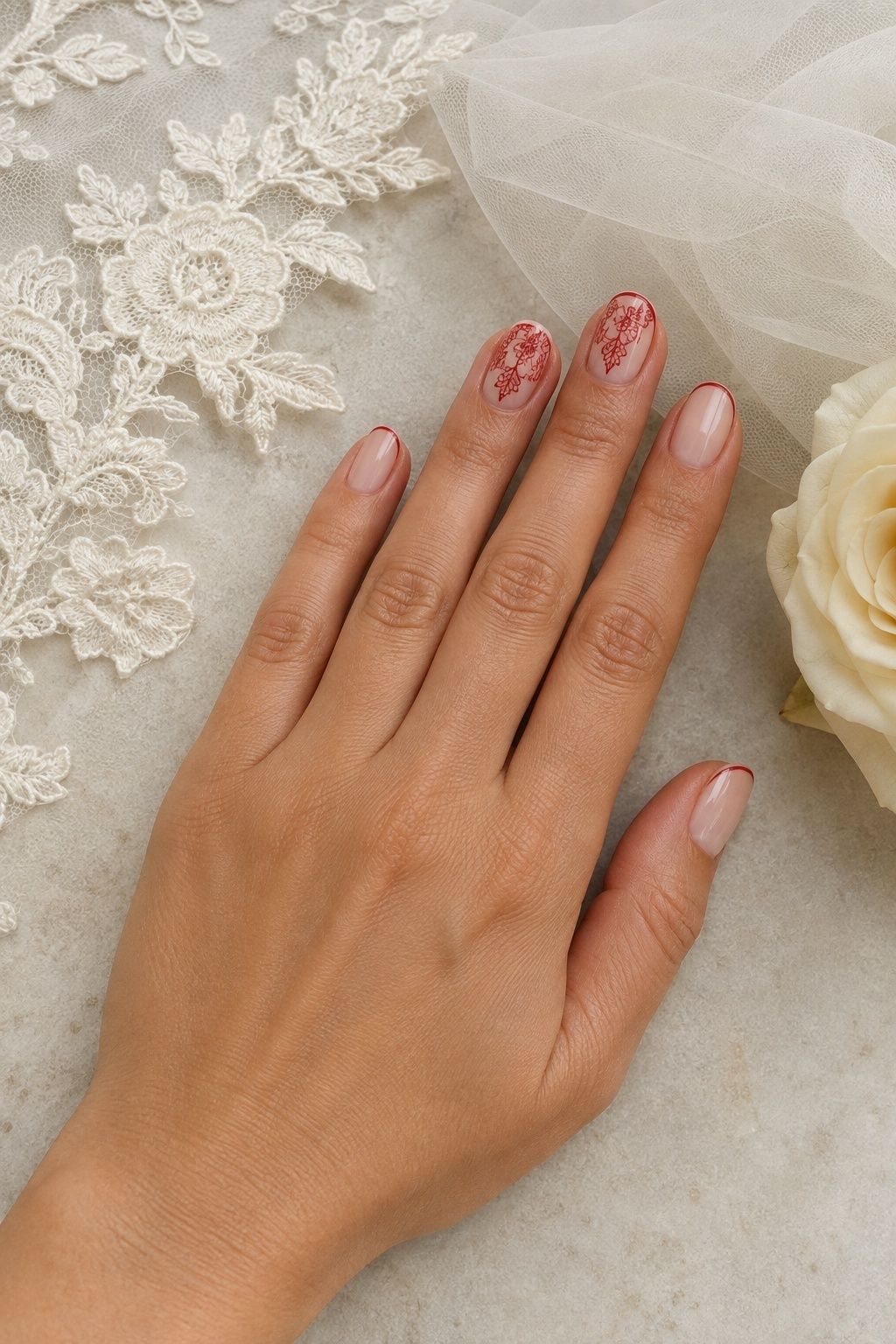 Sheer bridal nails with fine red lace-inspired details beside ivory wedding lace.
