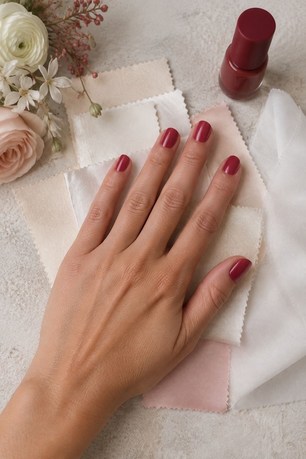 Red bridal nails compared with white, ivory, champagne, and blush wedding fabric swatches.