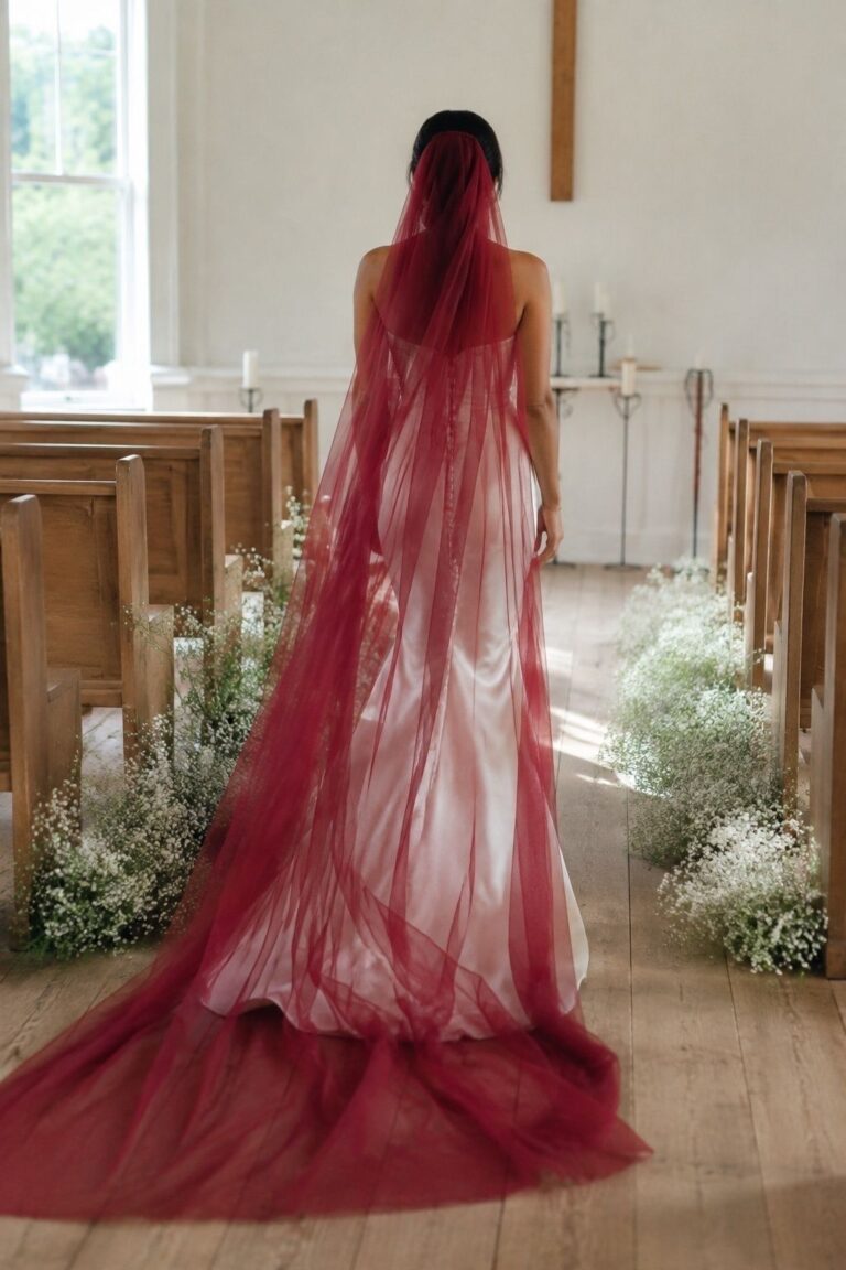 Crimson Cathedral Veil With an Ivory Dress