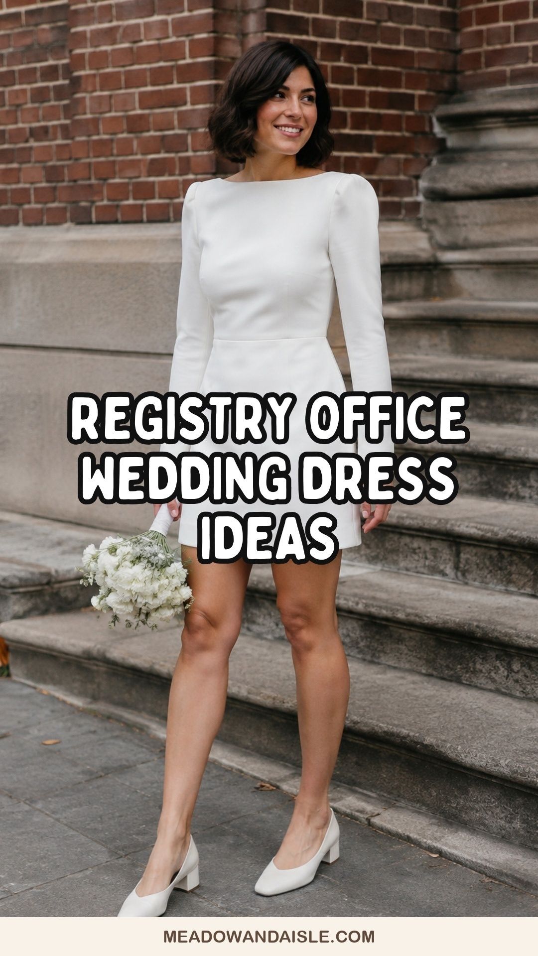 Registry office wedding dress ideas pin with a bride in a tailored white mini dress