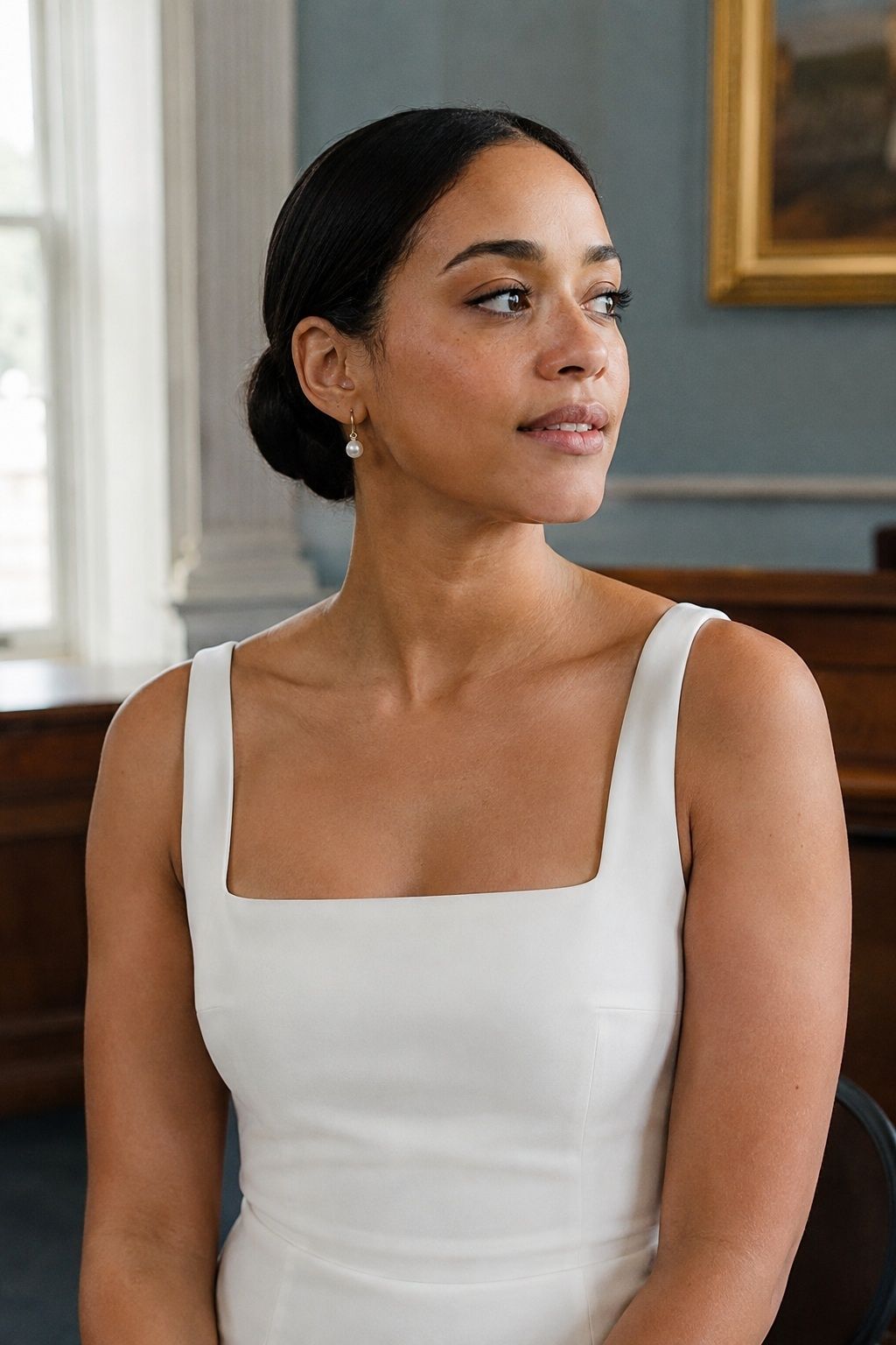 Square-Neck Dress With Simple Pearl Jewelry