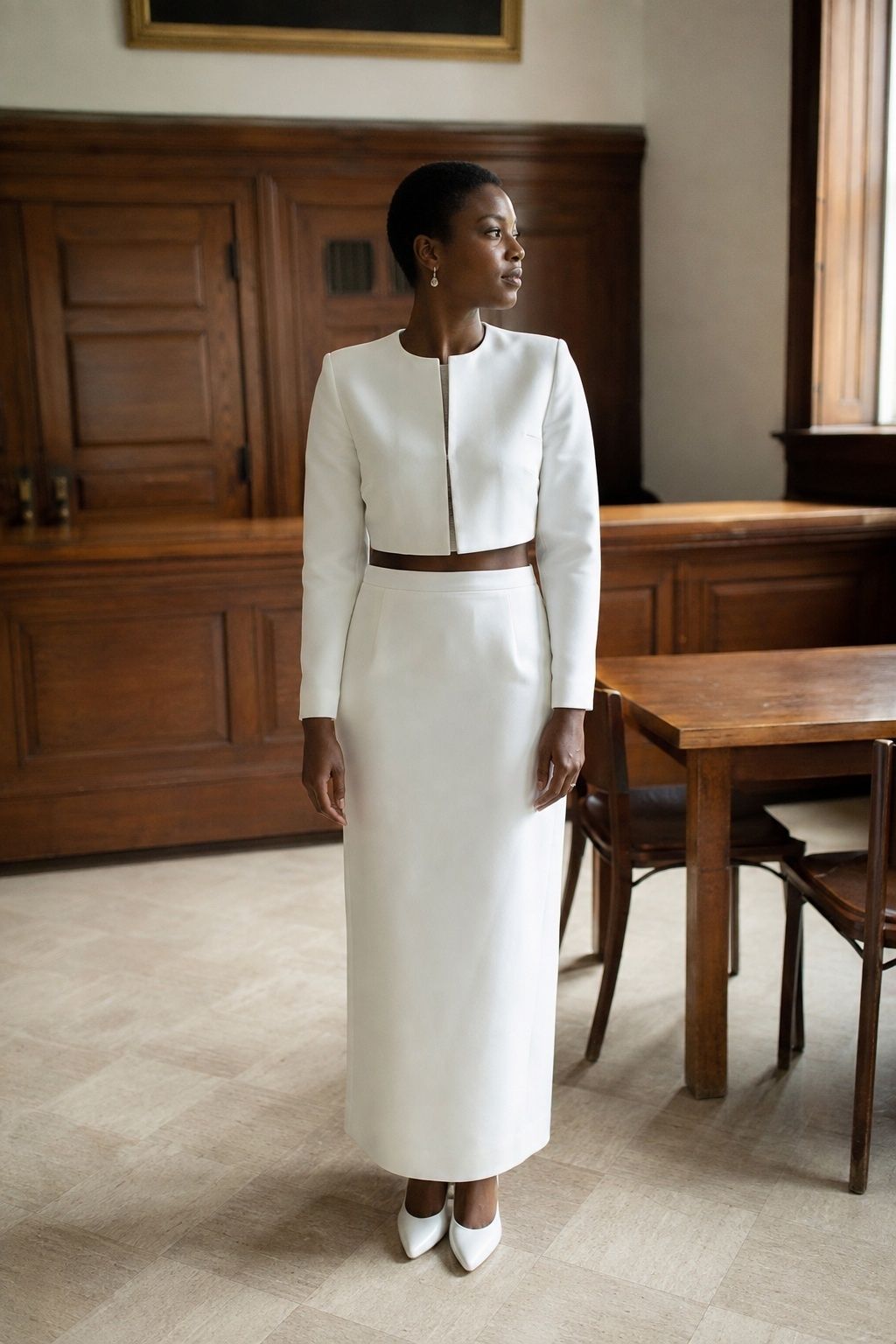 Bride in understated white separates for a registry office wedding