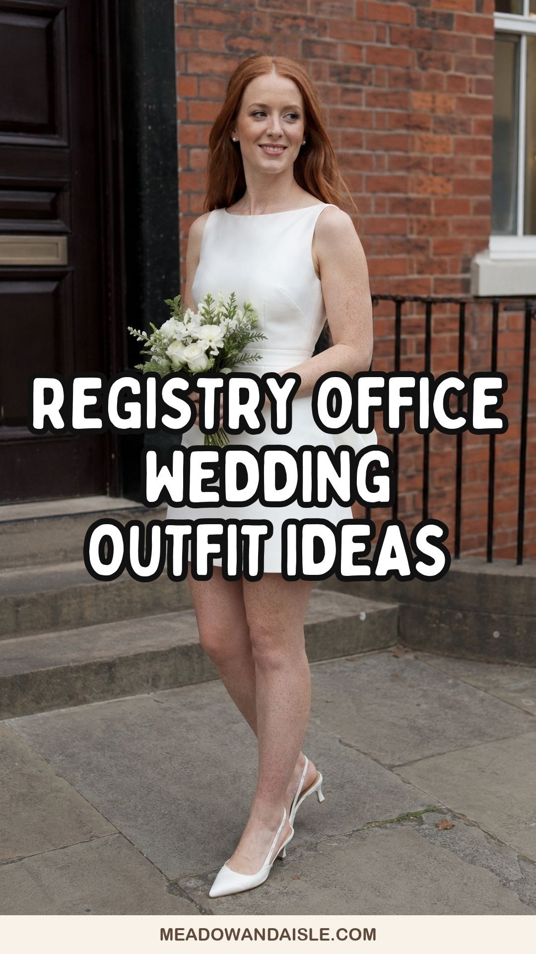 Registry office wedding outfit ideas pin featuring a bride in a white mini dress