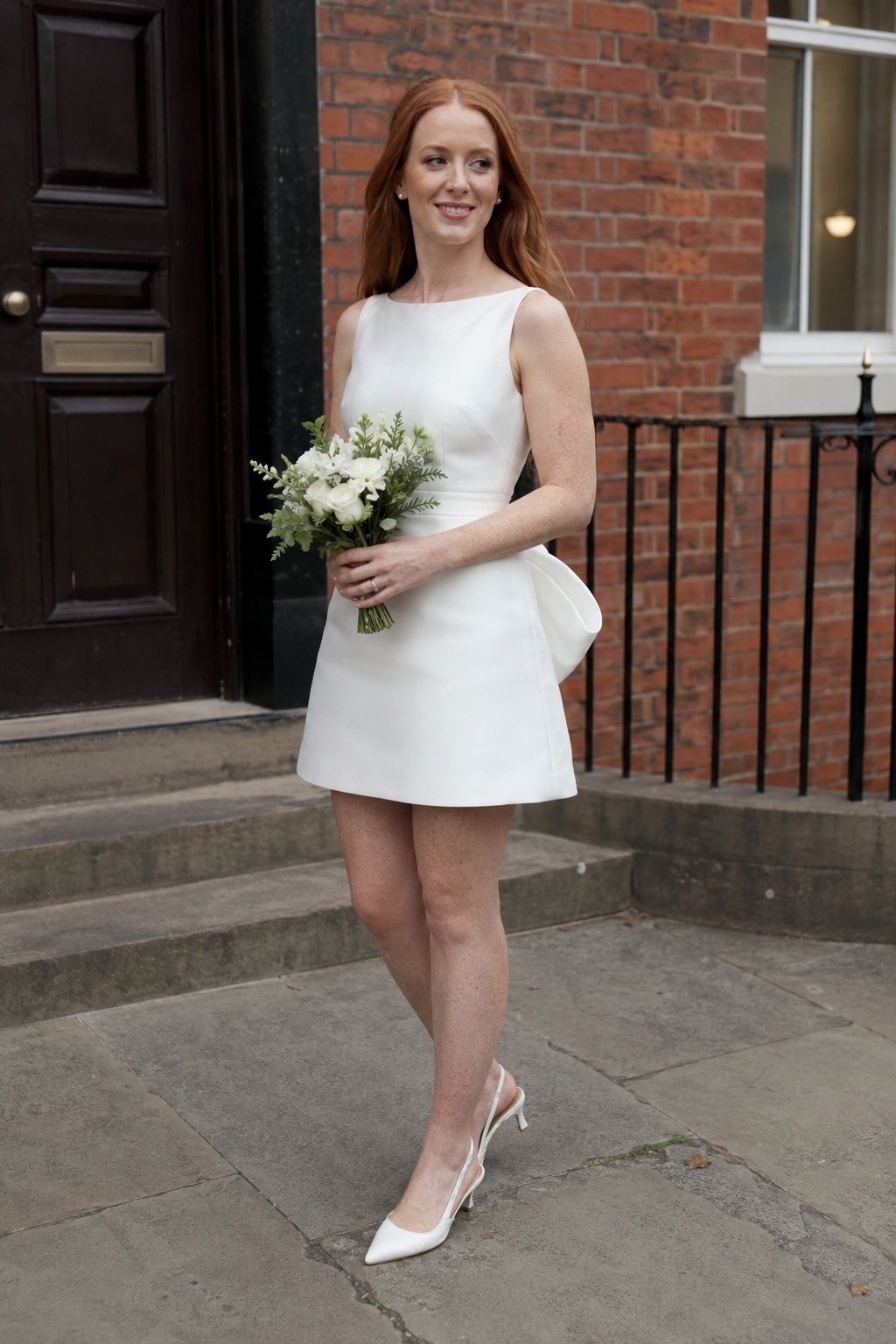 Bride in a white mini dress and ivory slingback heels outside a brick registry office