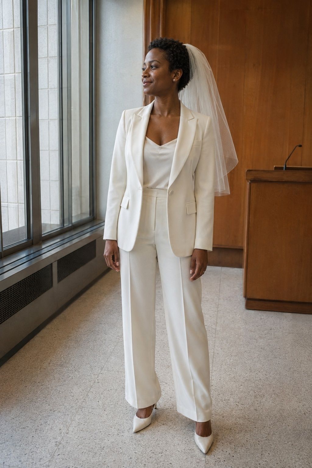 Bride wearing a tailored ivory suit with pointed shoes and a short veil