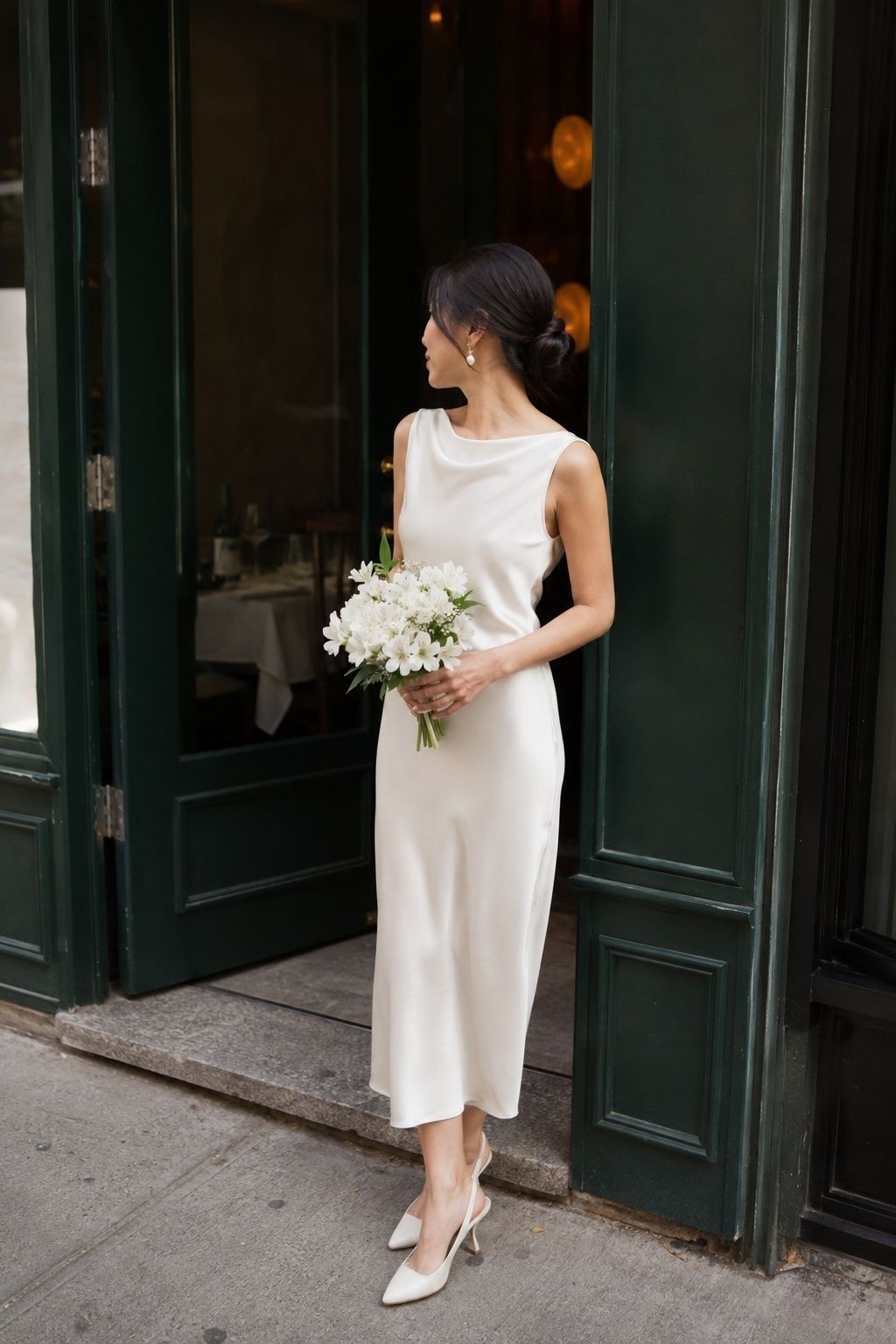 Bride in a satin midi dress and pearl earrings beside a green restaurant doorway