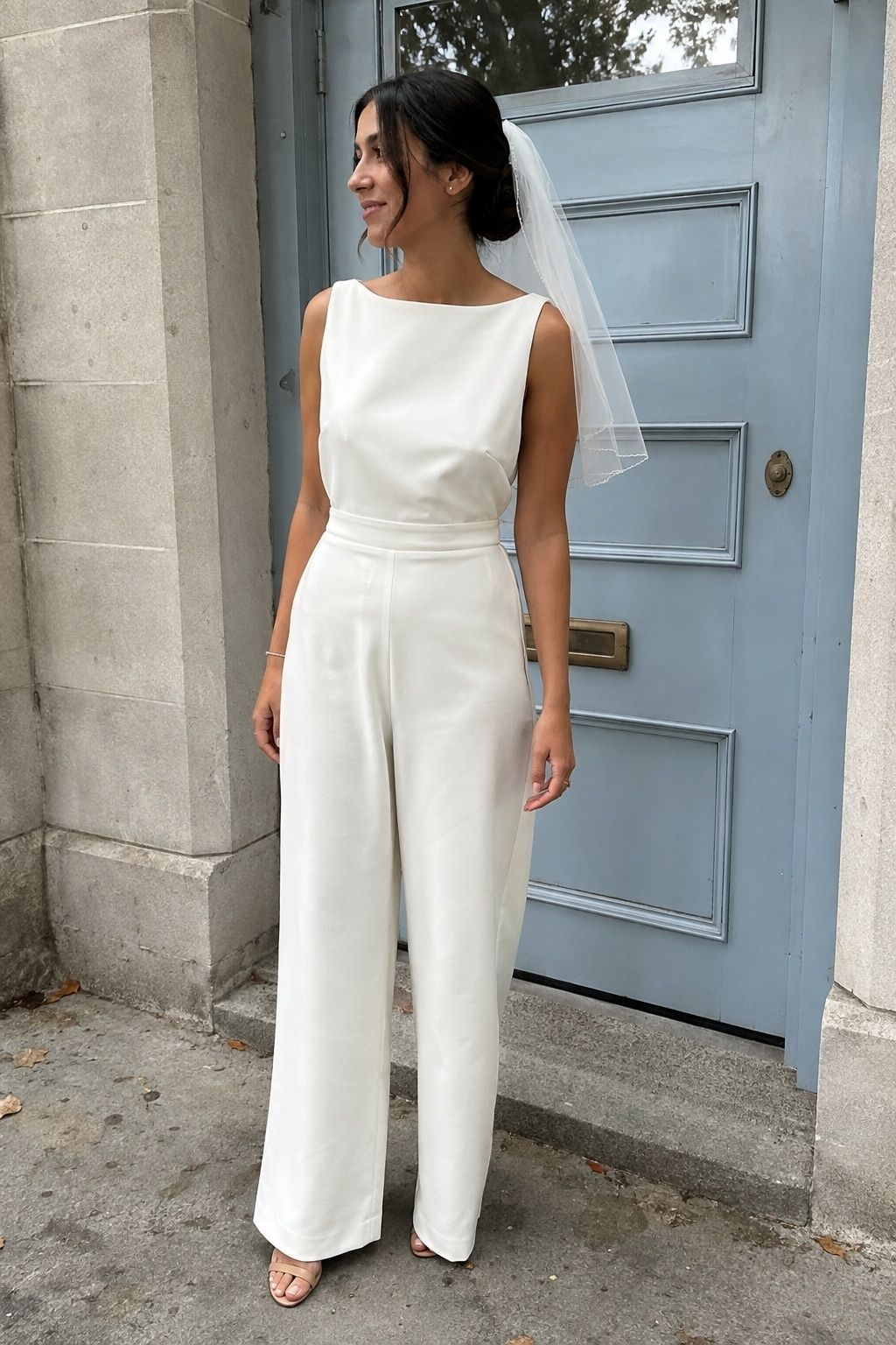 Bride in an ivory jumpsuit with a short veil outside a blue registry office door