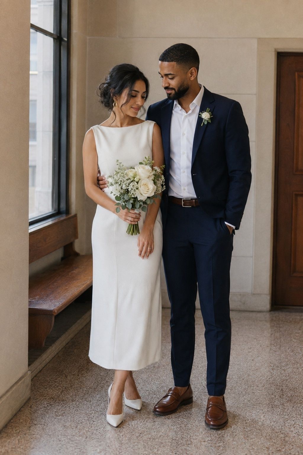 Groom in a navy suit with an open white collar and brown loafers beside his bride