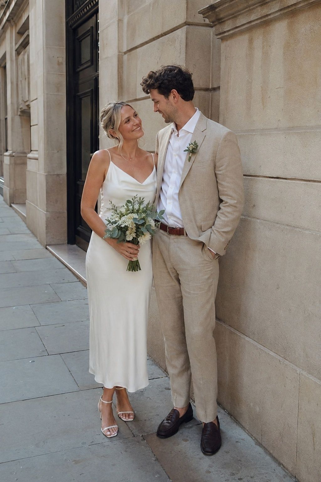 Groom in a tan suit and dark loafers with his bride against warm city stone