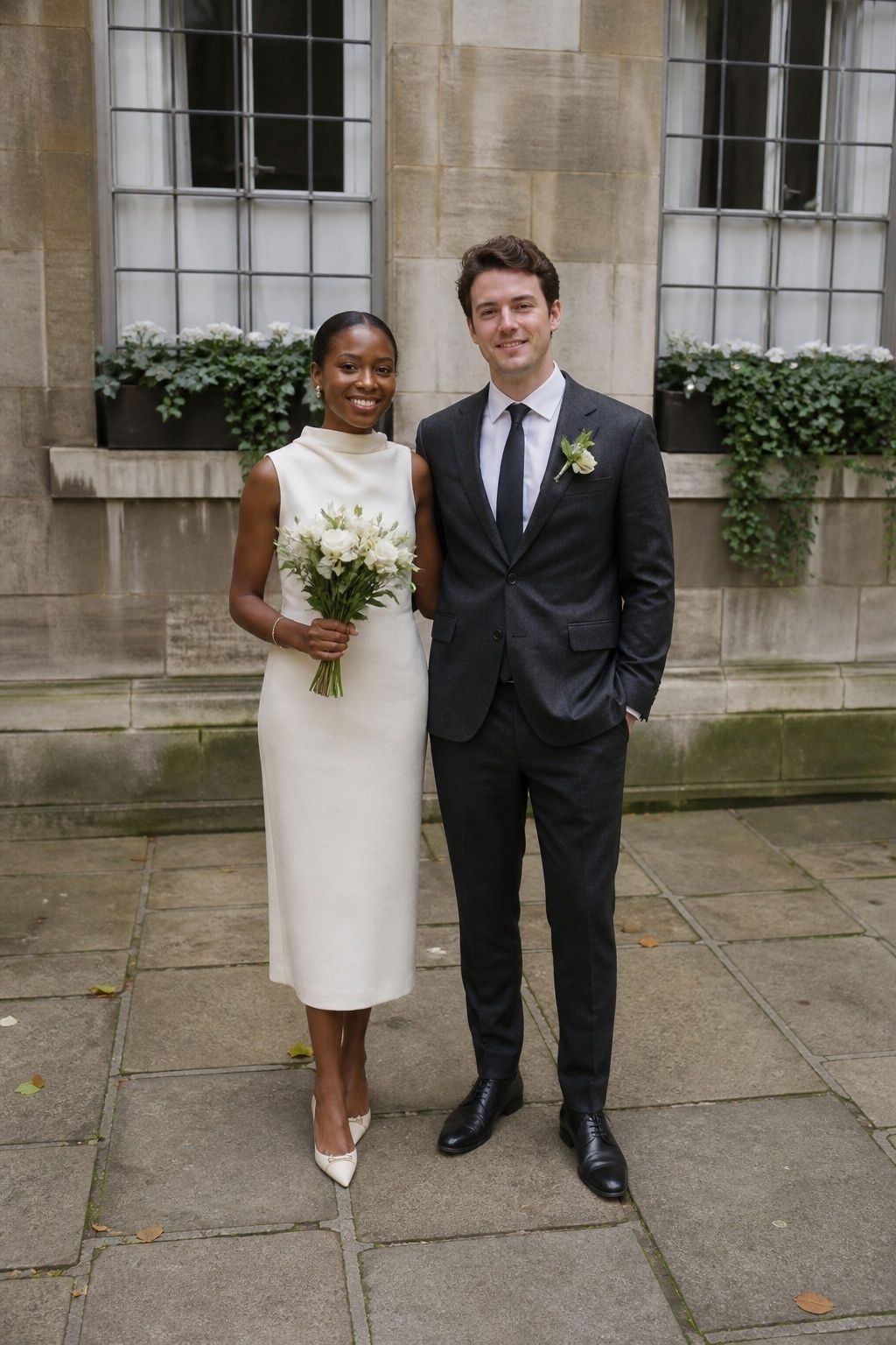 Couple in a cream dress and charcoal suit with coordinated white flowers