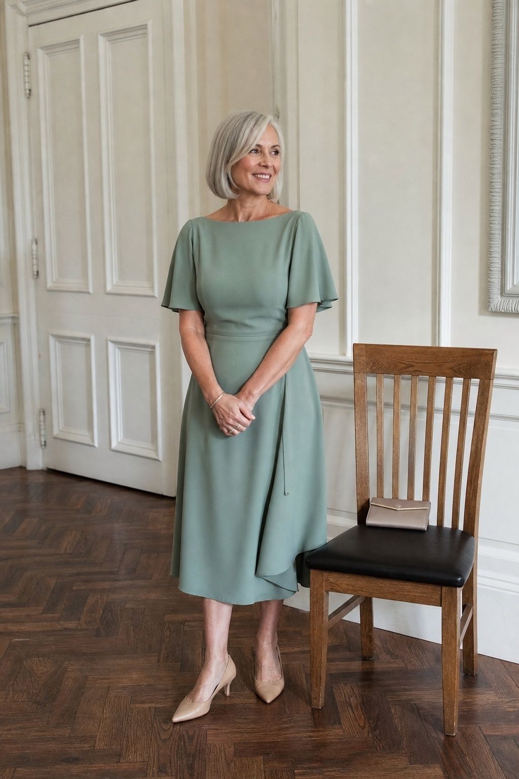 Witness in a sage midi dress and nude heels beside a ceremony room chair