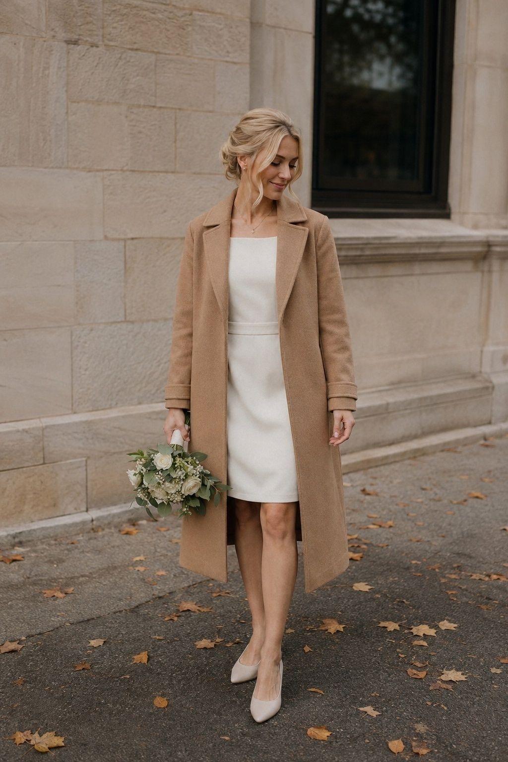 Bride wearing an open camel wool coat over a simple ivory ceremony dress