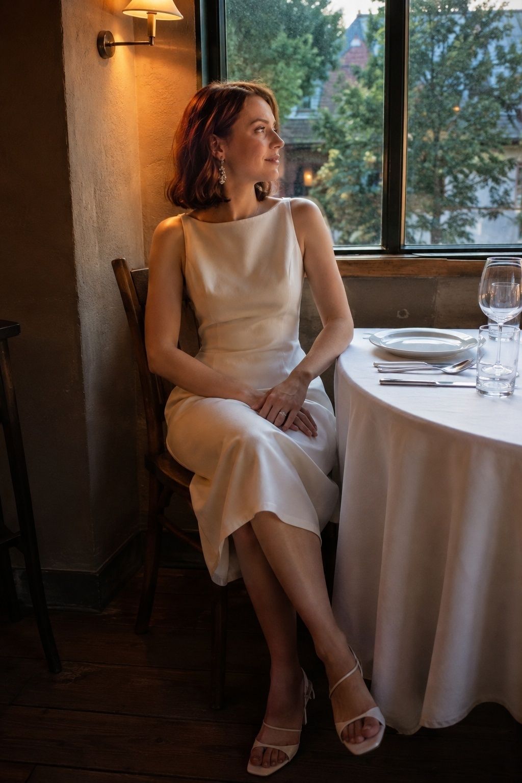 Bride wearing crystal drop earrings with a simple ivory dress at an intimate dinner