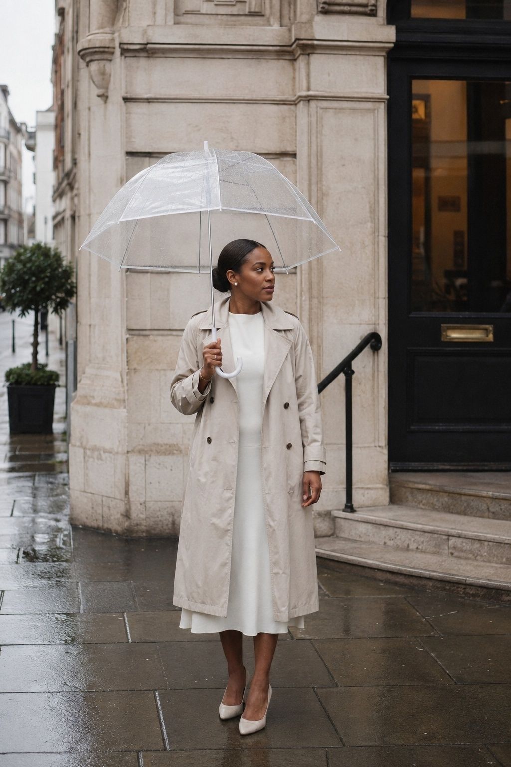 Bride in a pale trench coat and low heels holding a clear umbrella in the rain