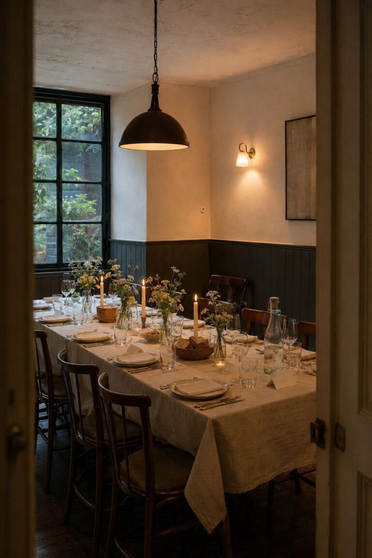 Intimate rehearsal dinner table arranged for a calm thank-you meal
