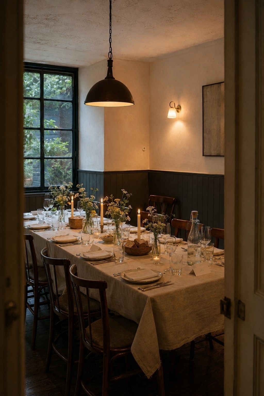 Intimate rehearsal dinner table arranged for a calm thank-you meal