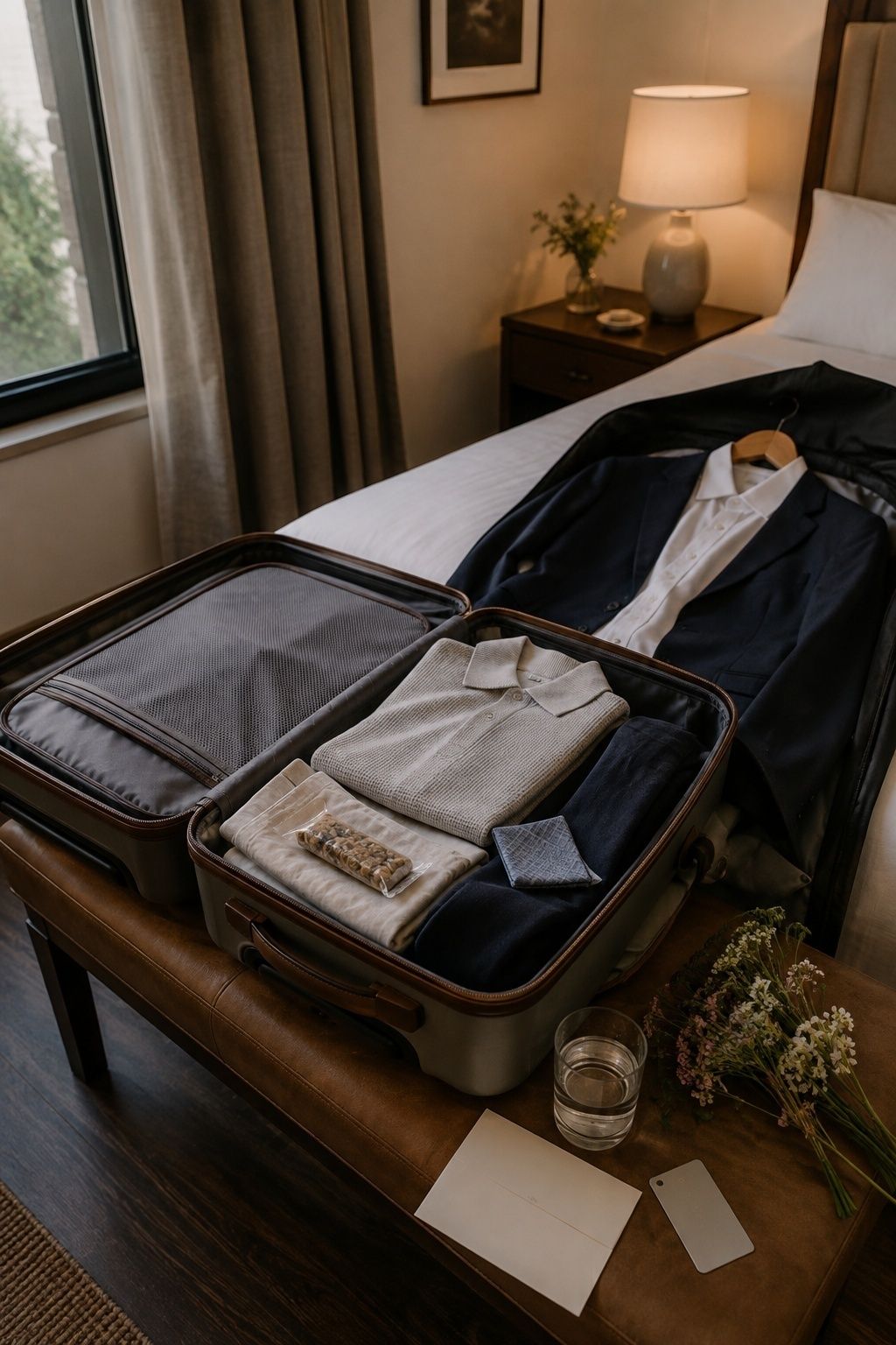 Travel clothes and rehearsal dinner details in a guest's hotel room