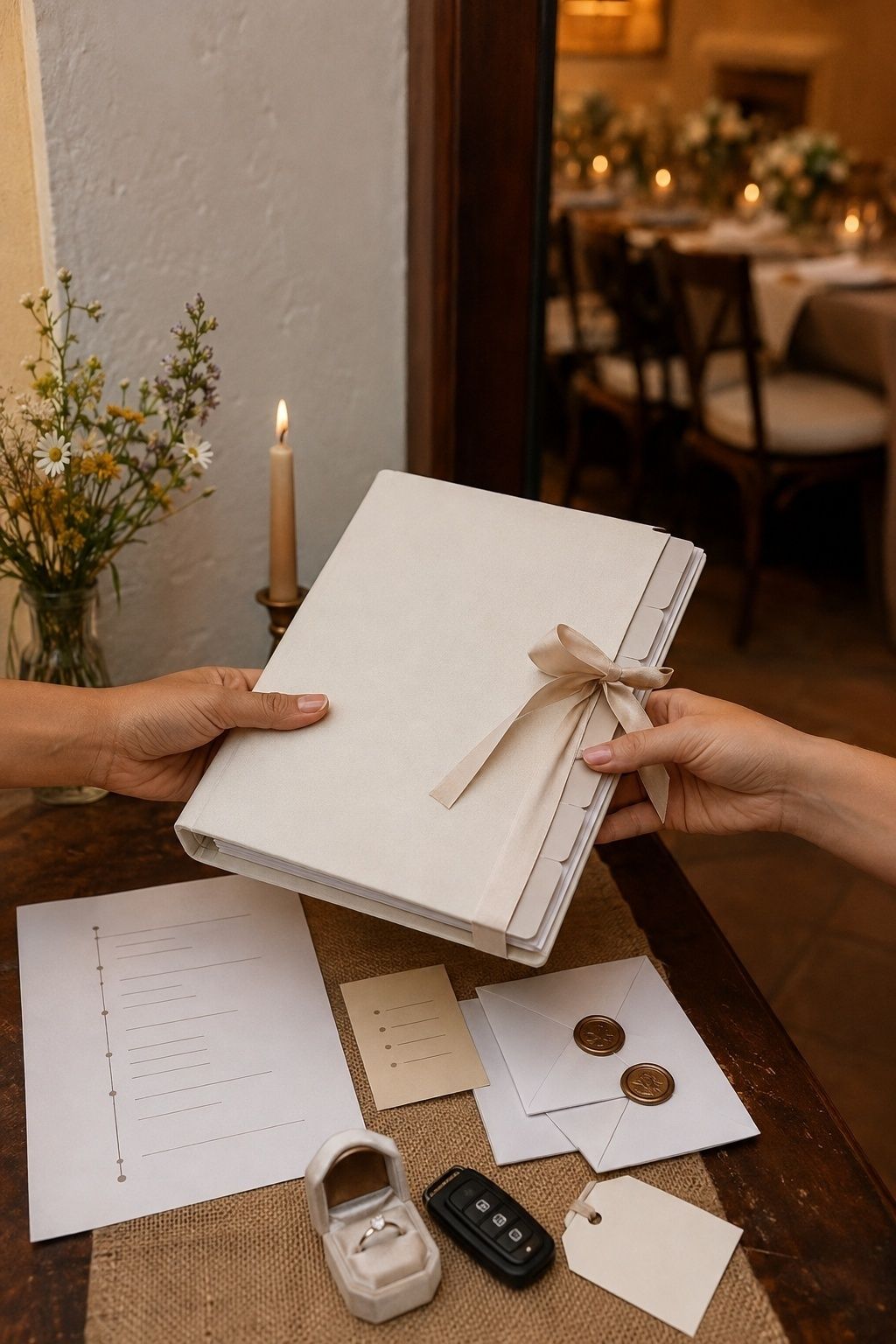 Final wedding handoff packet passed to a rehearsal dinner point person