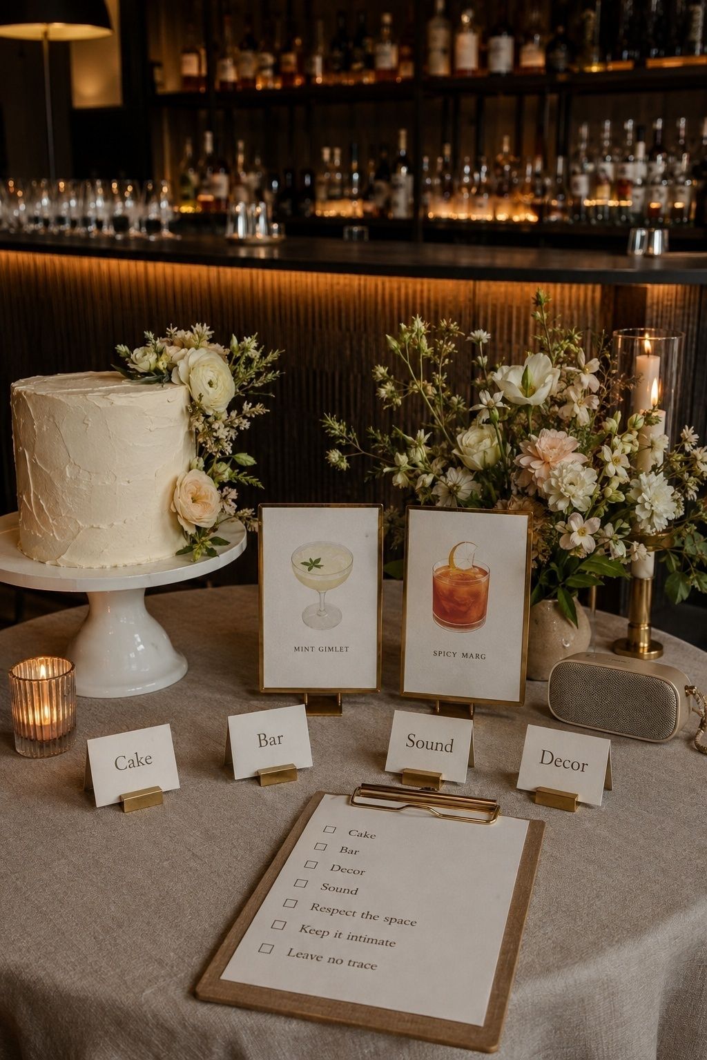 Restaurant bar, cake and decor set up for a wedding