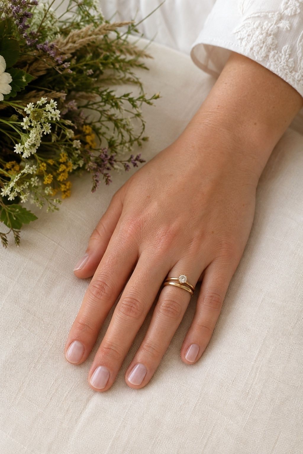 Wedding band added as the vow layer in a ring stack