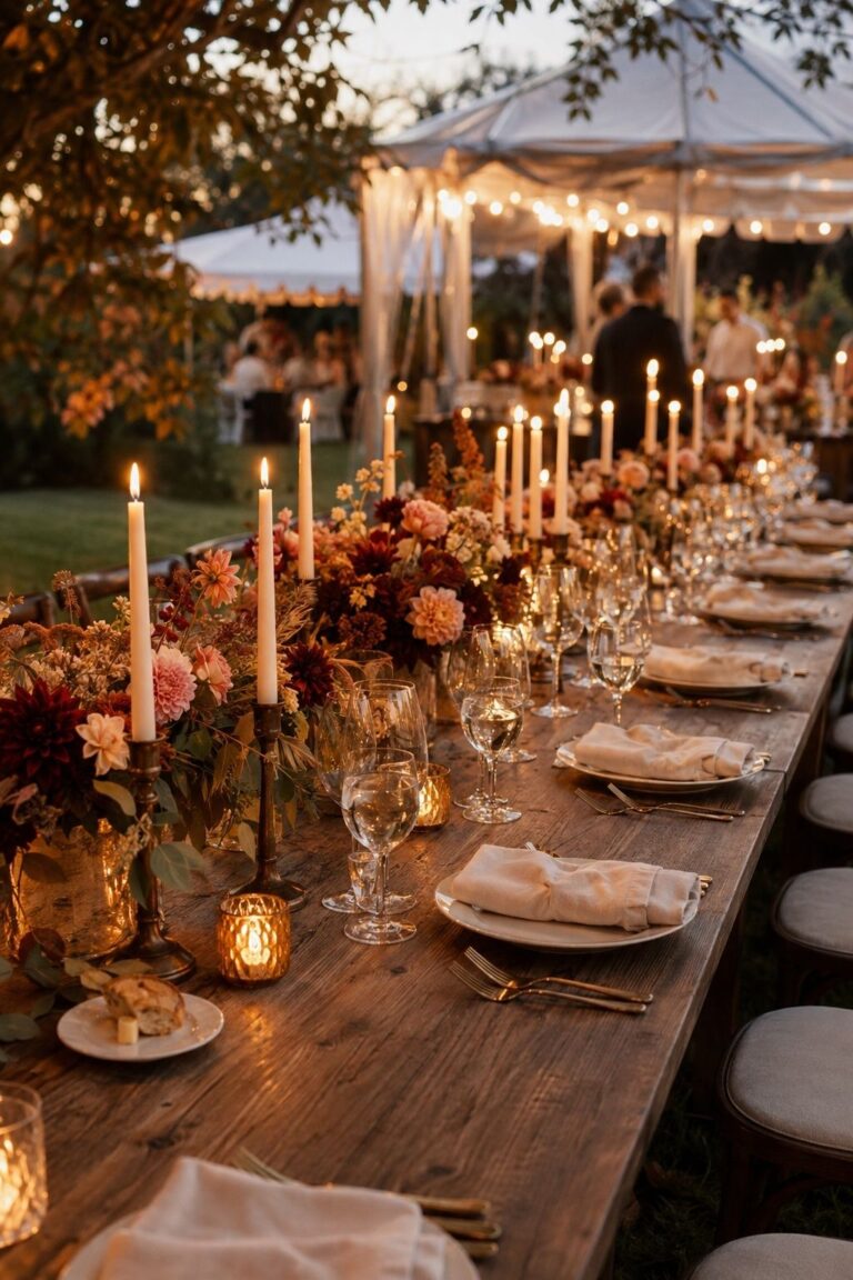 Candlelit Long Dinner Table for romantic fall wedding decor