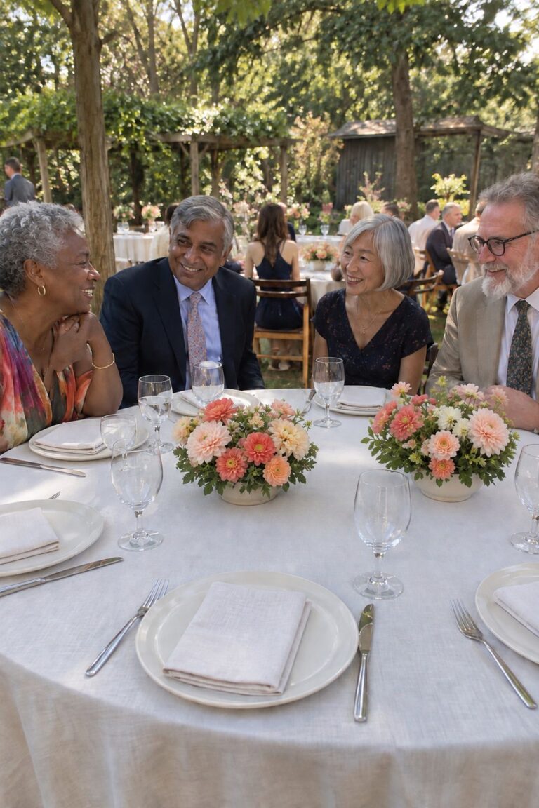 Older guests talk across low blush and coral summer wedding centerpieces.