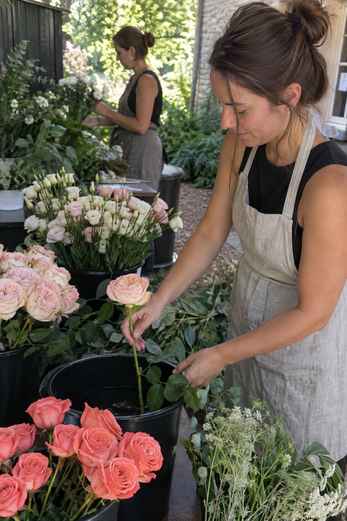A florist keeps blush and coral garden roses hydrated in a shaded summer prep area.