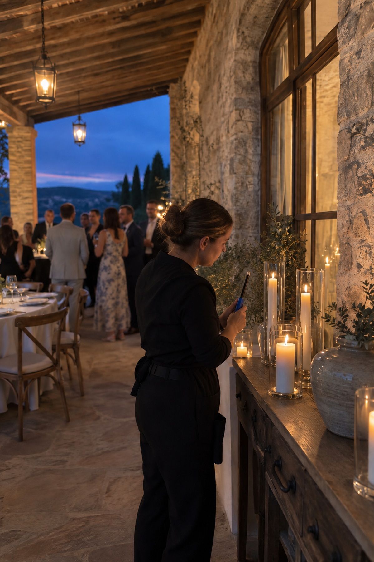 A coordinator lights protected taper candles inside hurricane glass on a sheltered veranda.