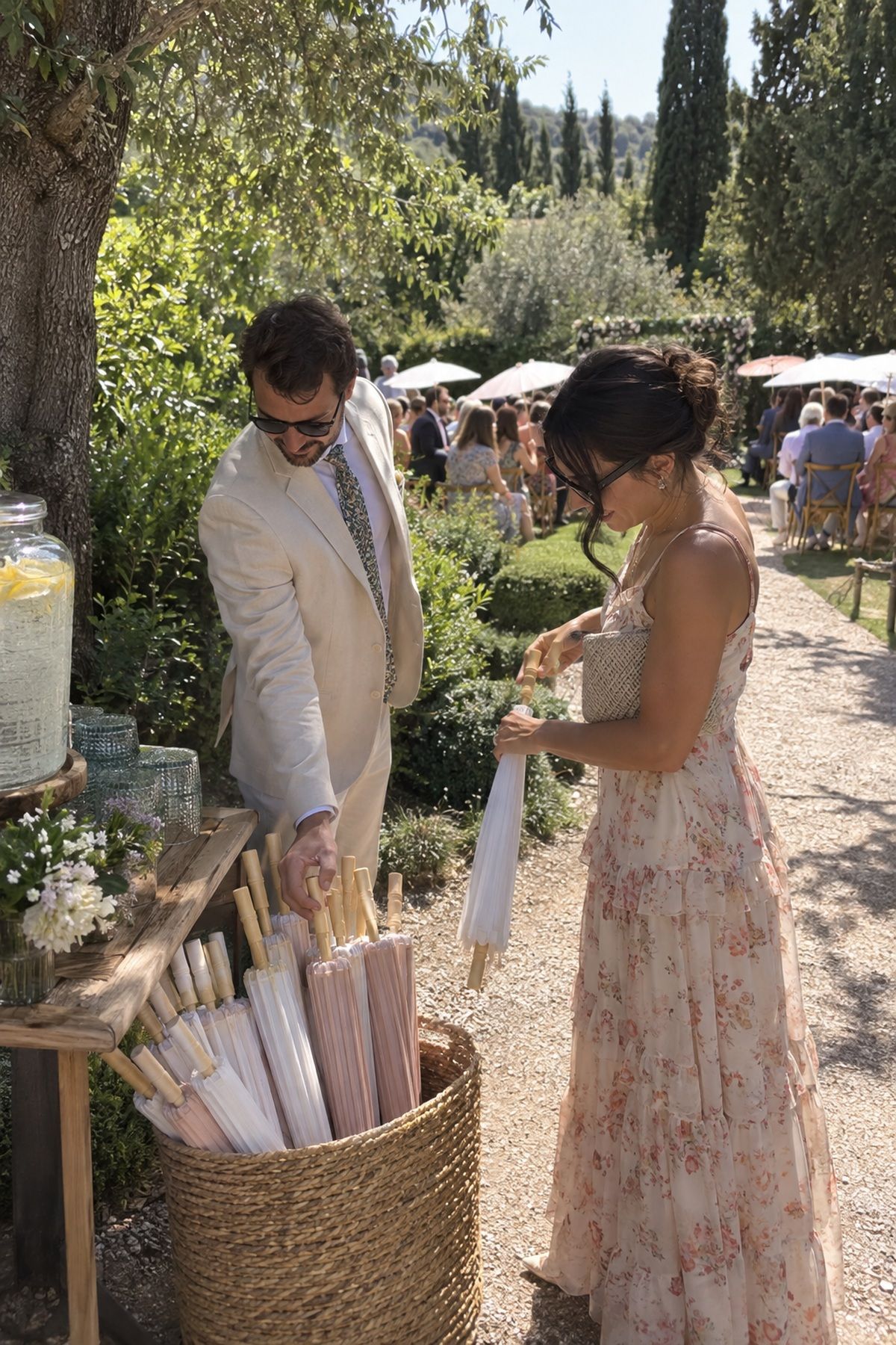 Guests choose white and blush parasols from a woven basket in the summer sun.