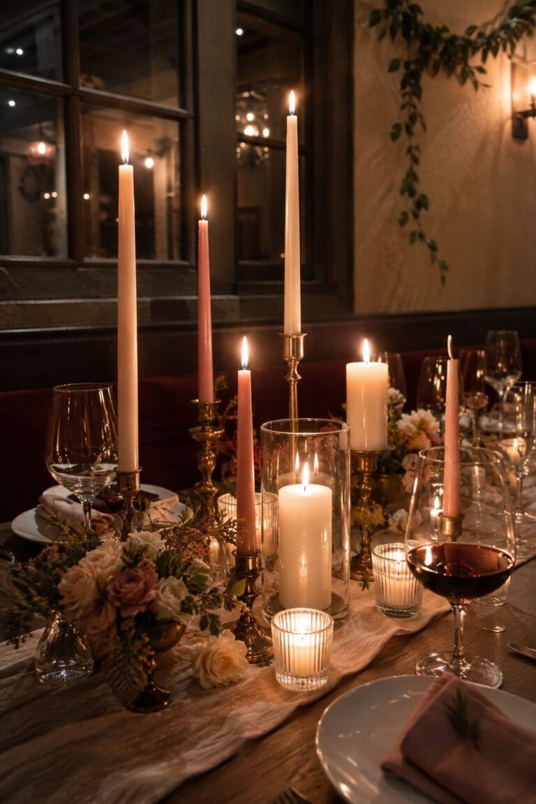 Use candle clusters at different heights for romantic winter wedding decor.