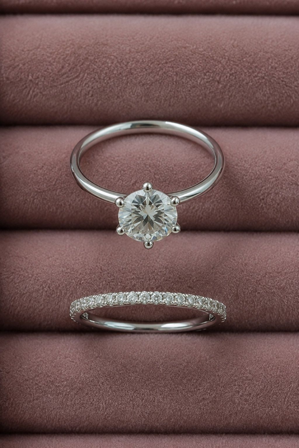 Round engagement ring with a thin pave band