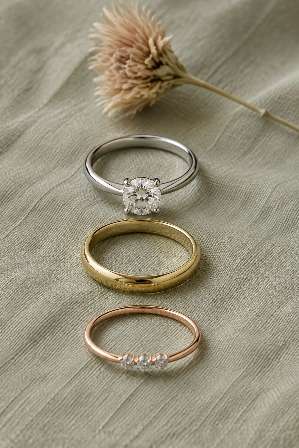 Round engagement ring stack in mixed metals