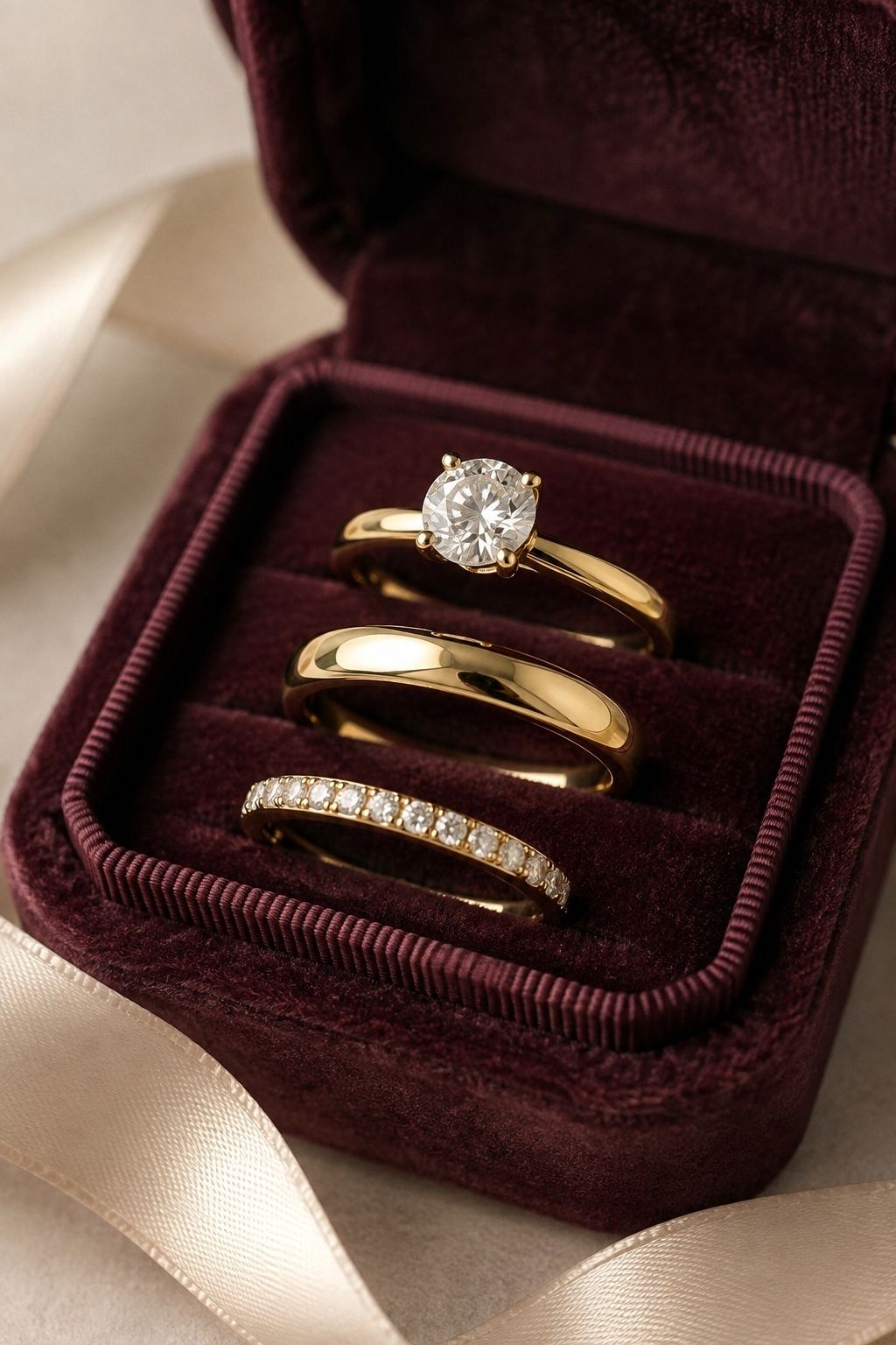 Round ring with a plain band and a diamond band