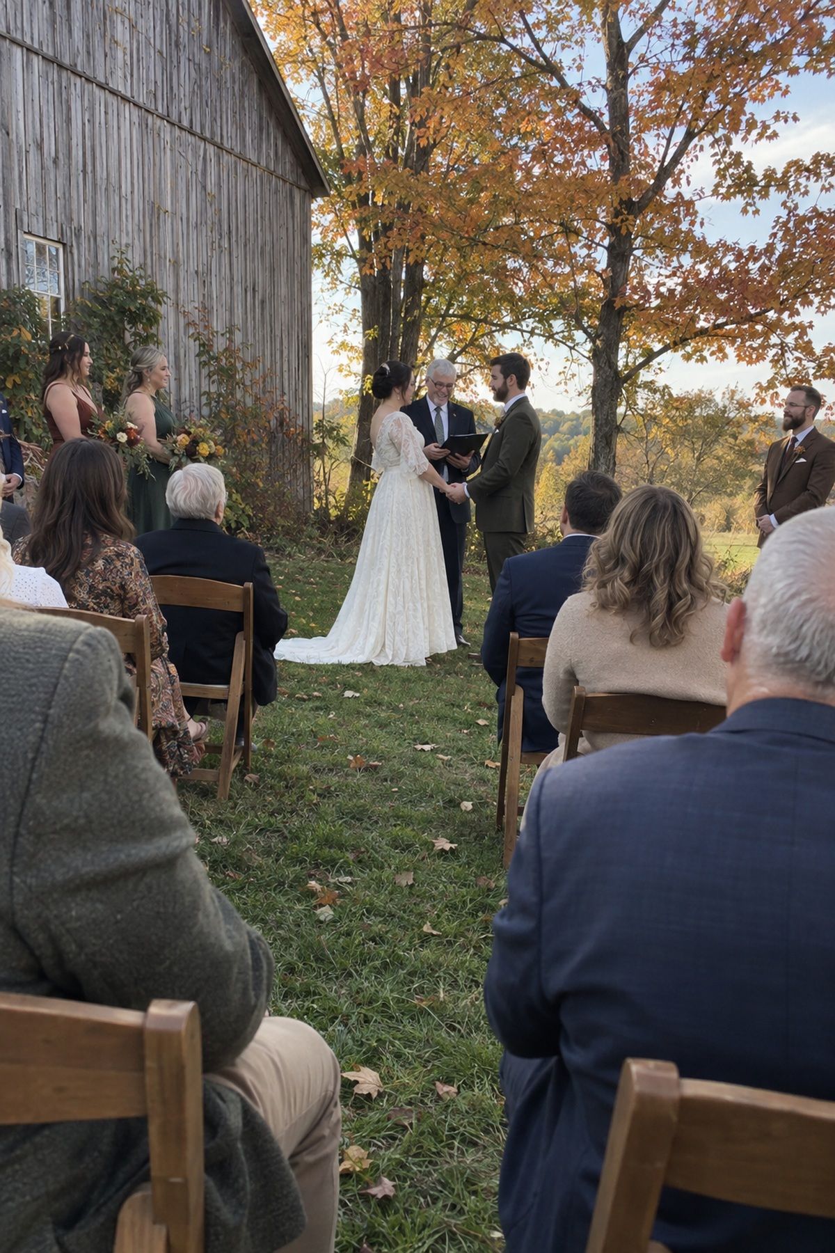 Angled ceremony chairs preserve clear sightlines and keep guests out of direct autumn sun.