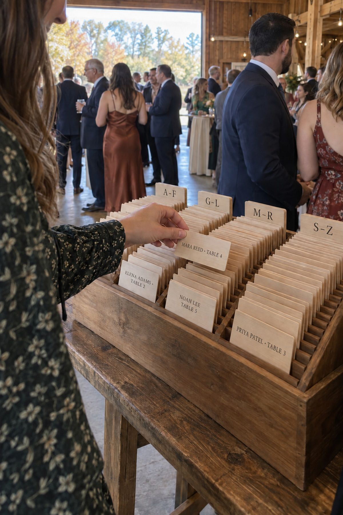 A guest finds an alphabetized wood escort card at a spacious cocktail-hour display.