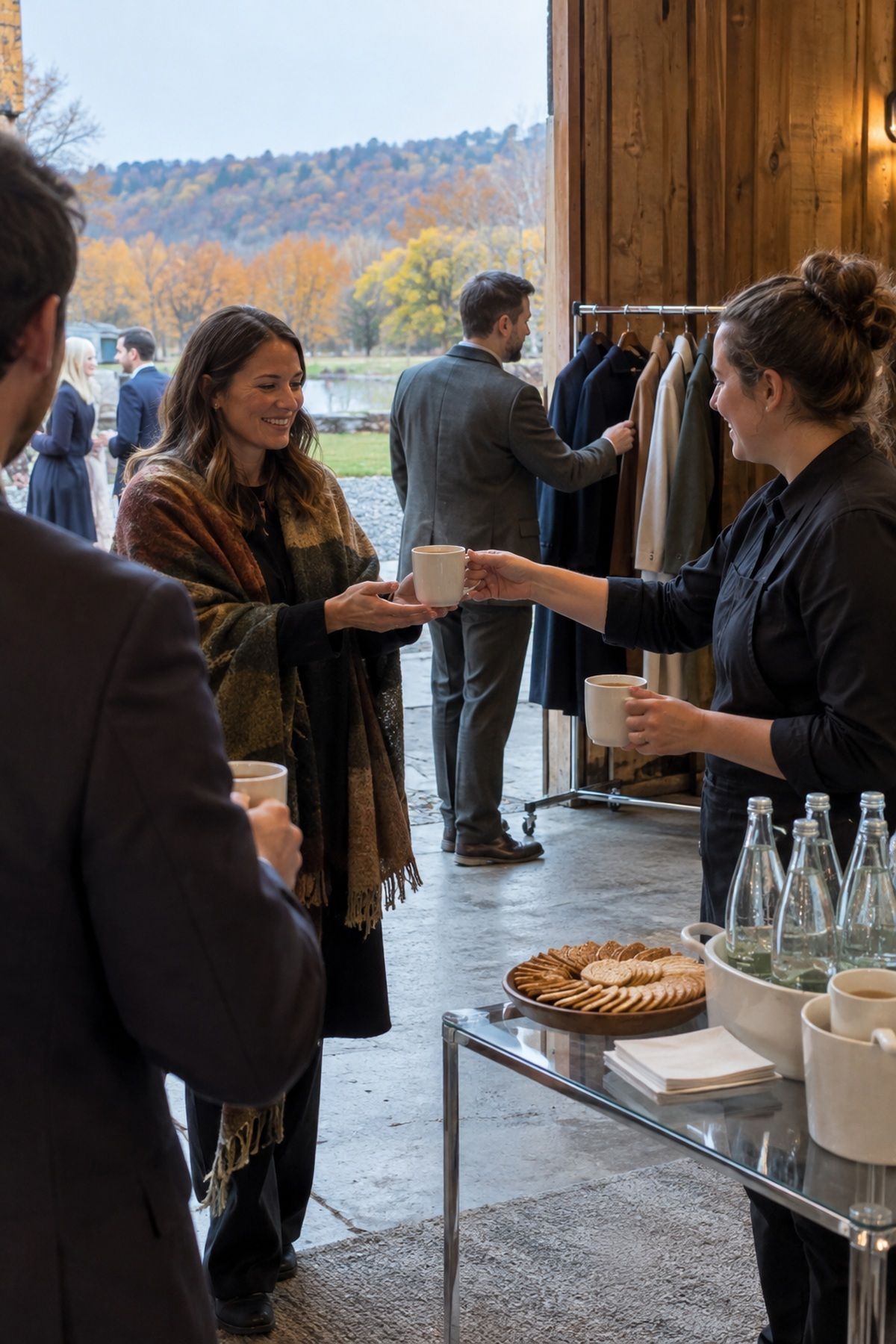 Guests receive hot cider beside sparkling water, snacks, and an accessible coat rail.