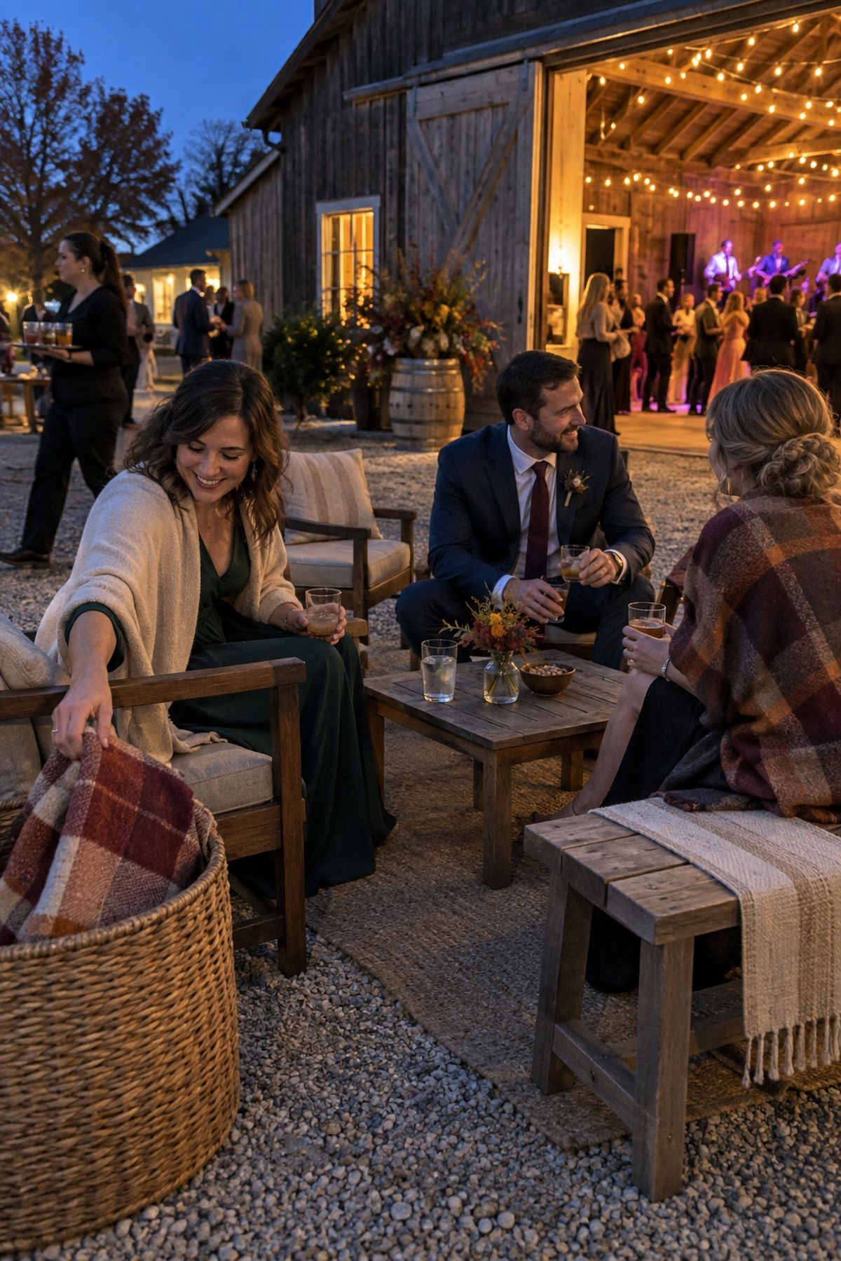 A compact outdoor lounge with blankets stays close to the active reception and doorway.