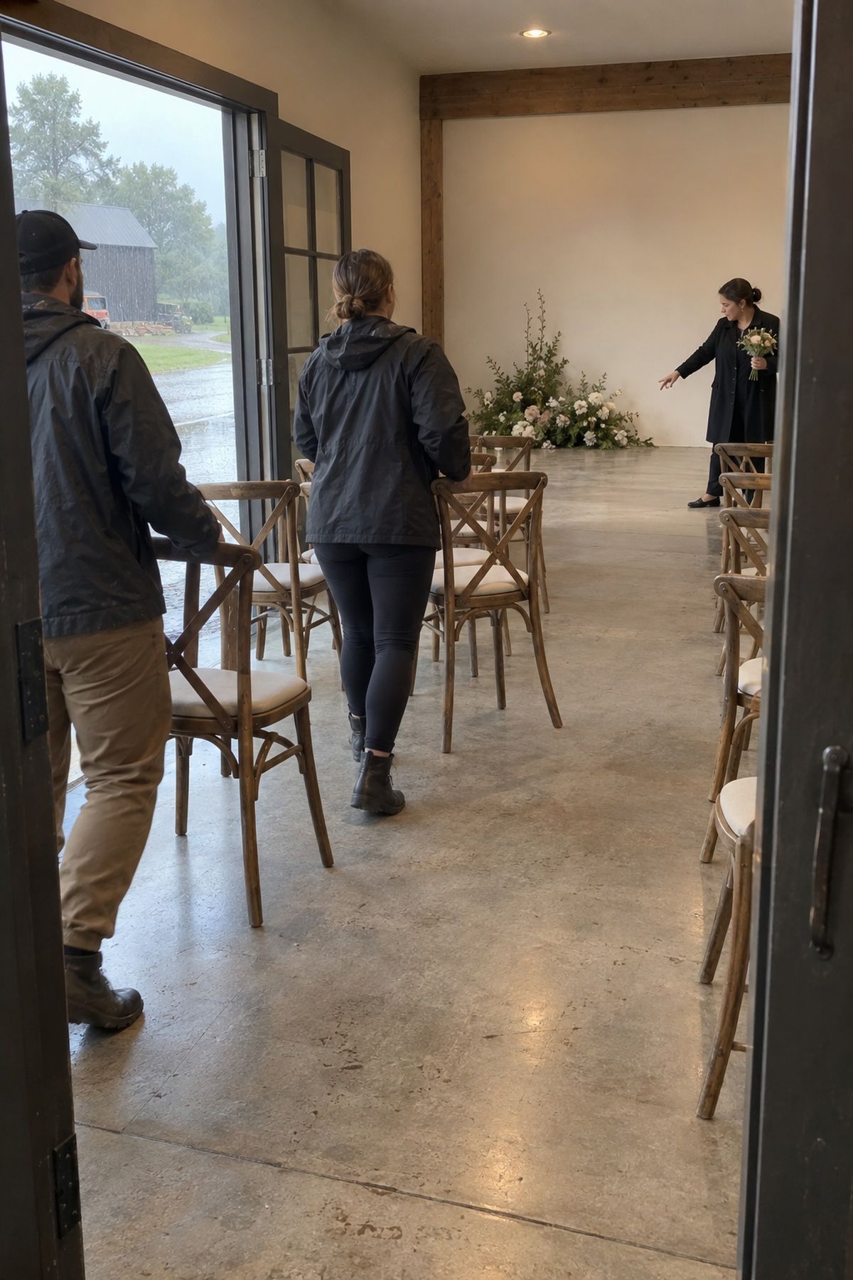 Helpers move dry ceremony chairs into a clear indoor backup space before rain arrives.