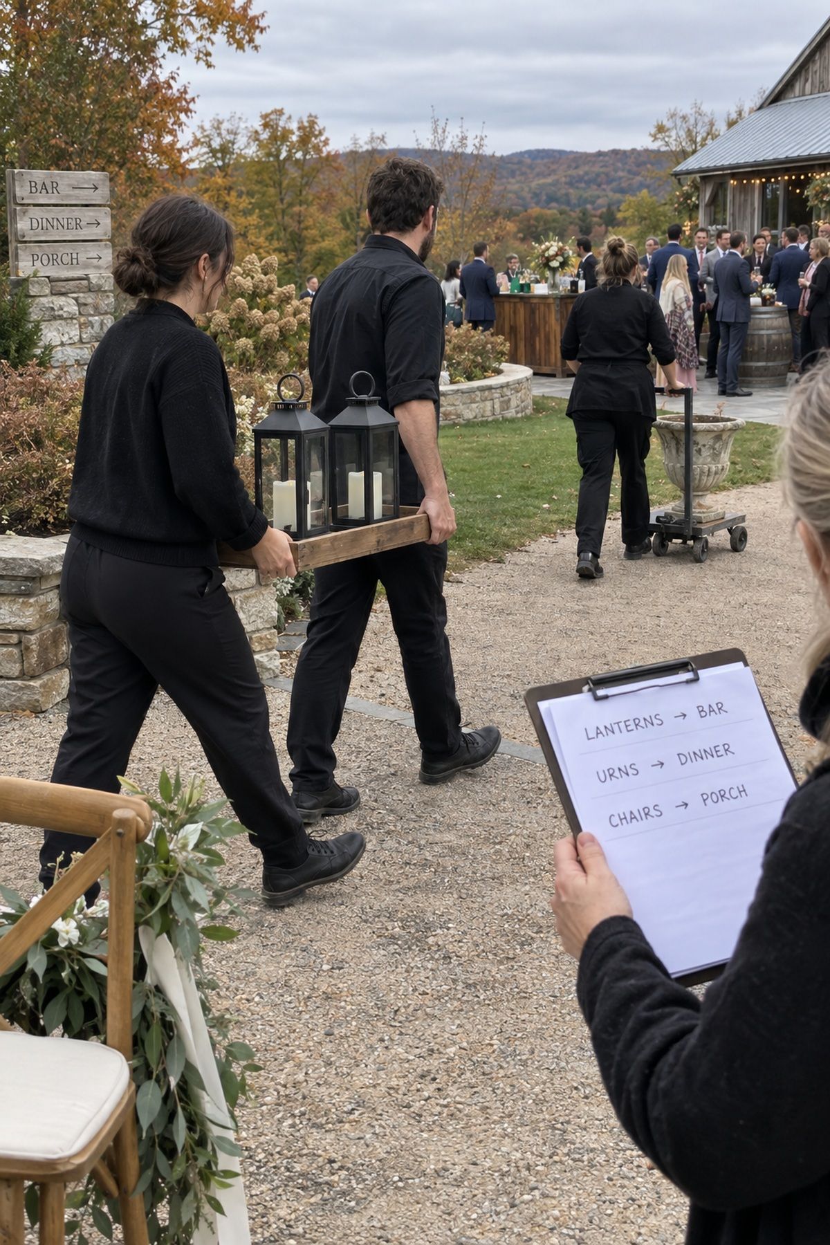 Helpers follow a written plan to move ceremony lanterns and an urn after the vows.