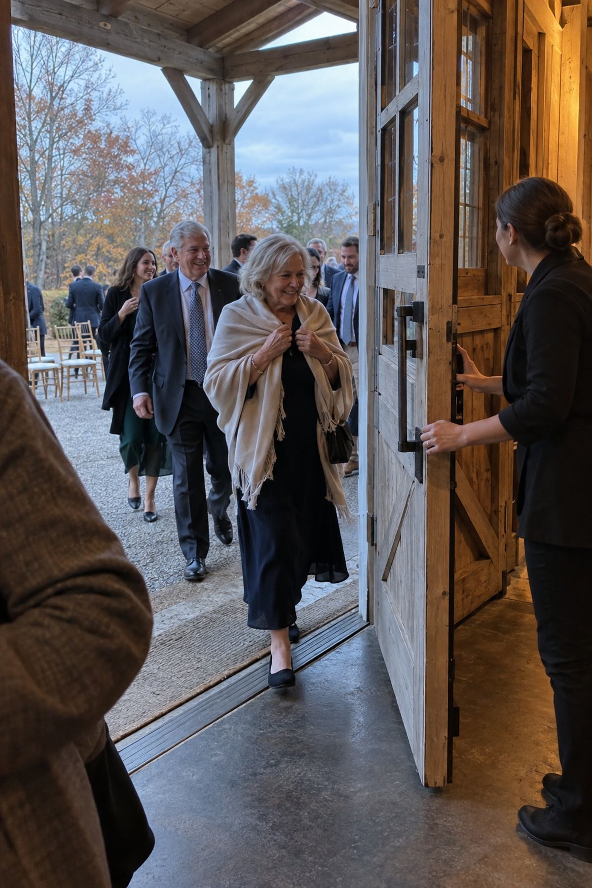 Guests move indoors for dinner before the autumn temperature drops.