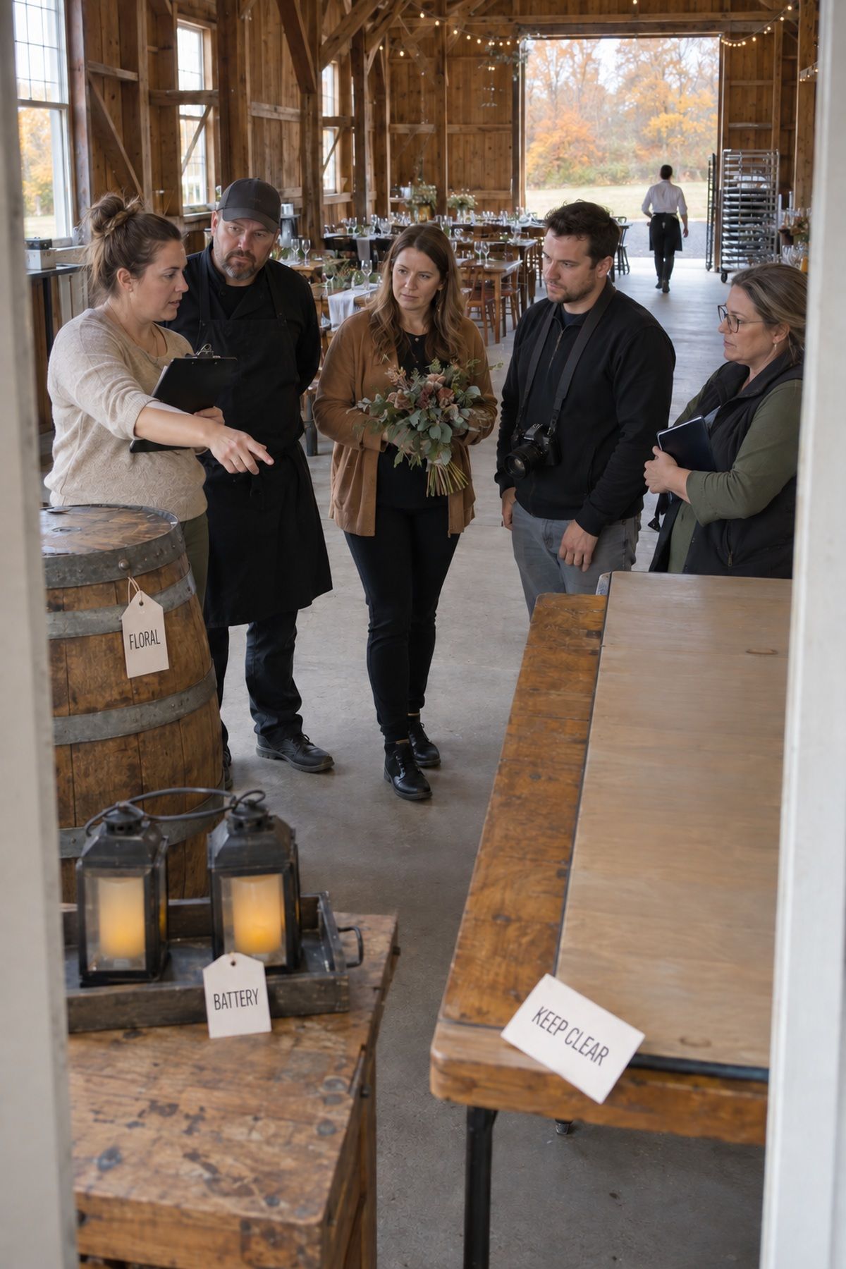 Wedding vendors review functional floral, battery-lantern, and keep-clear zones during setup.