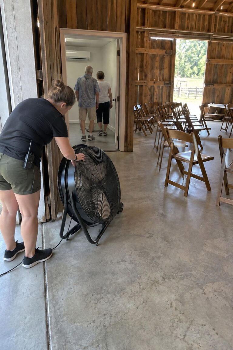 A coordinator tests barn airflow while older wedding guests step into a nearby air-conditioned room.