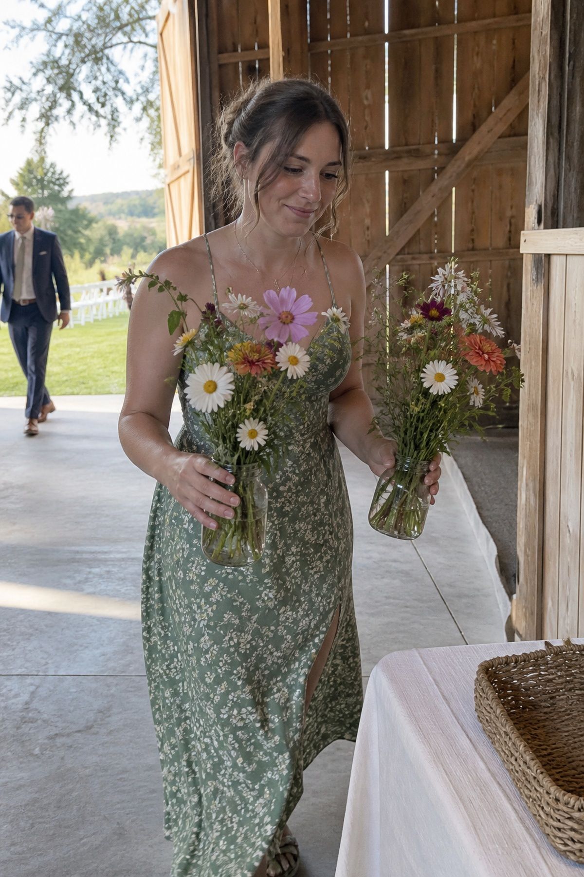 A wedding helper carries loose jars of summer wildflowers through a rustic barn.