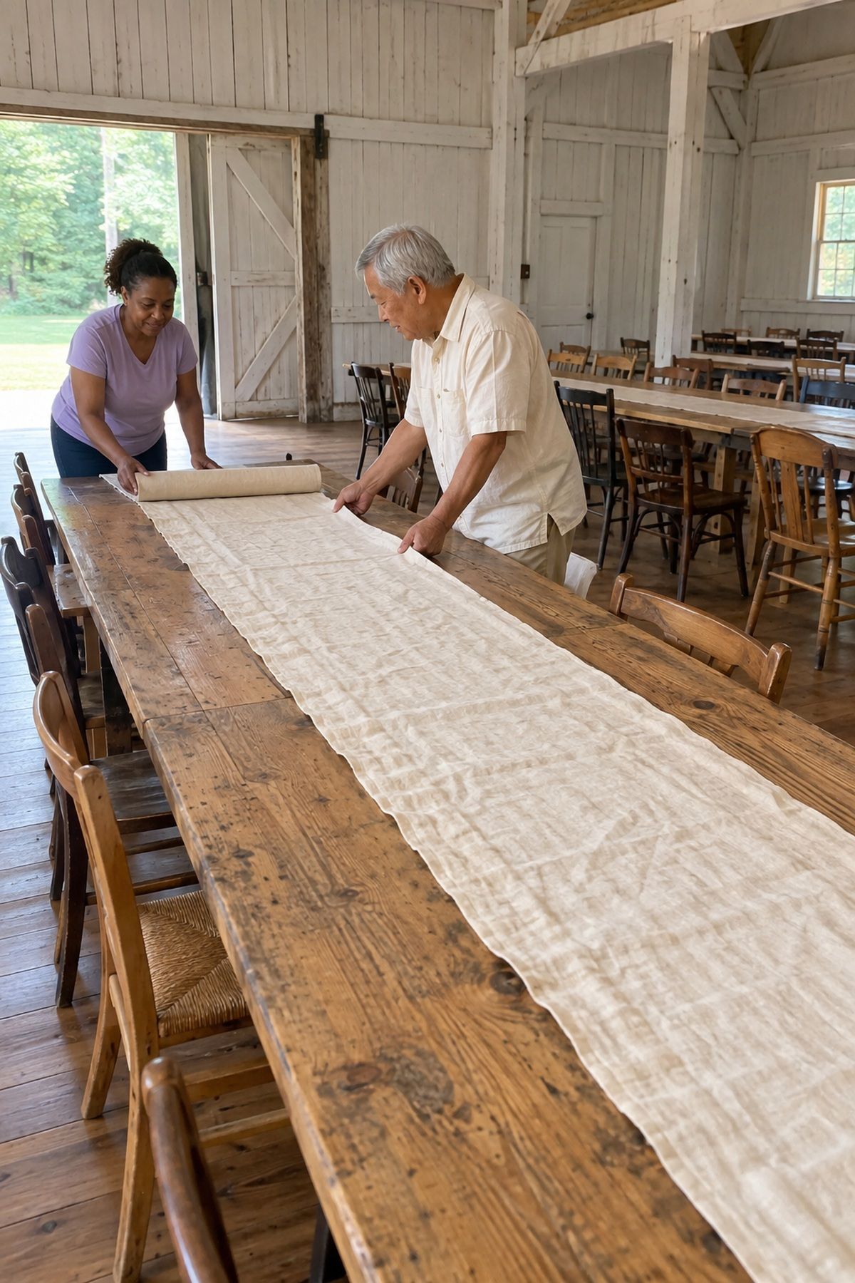 Two wedding helpers unroll a light linen runner along a bare farm table.