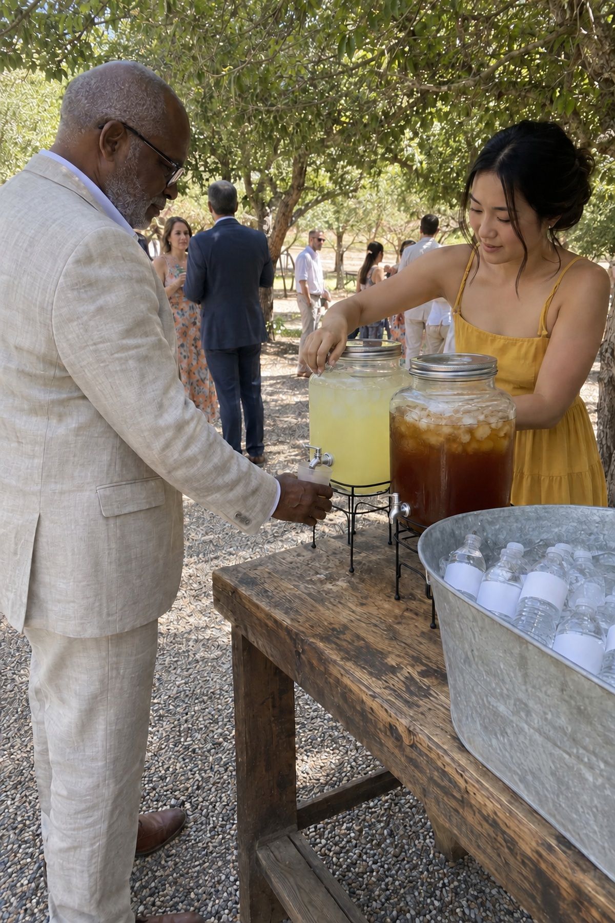 An older wedding guest receives lemonade at a shaded orchard arrival station.