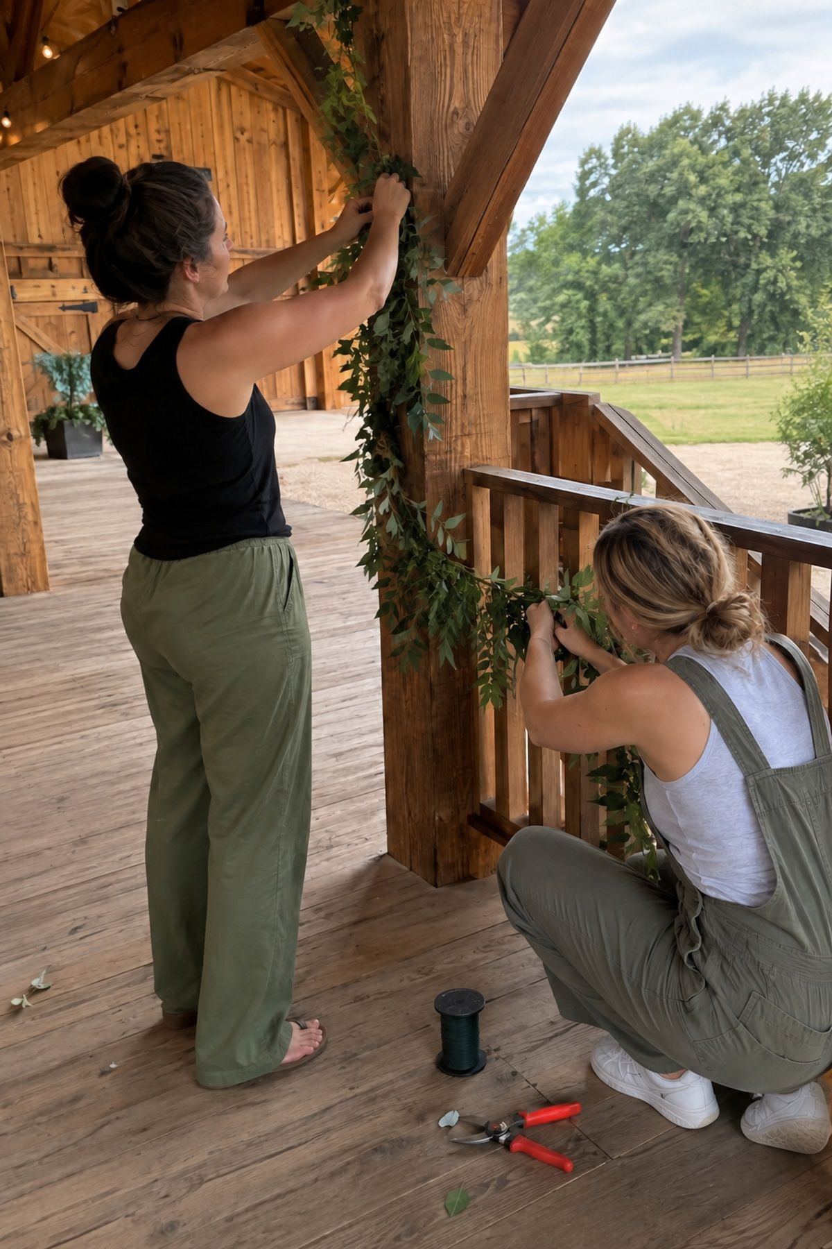 Wedding helpers attach sparse loose greenery to a barn beam and porch railing.